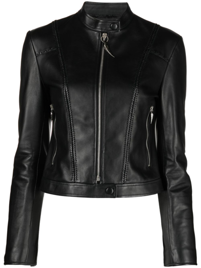 Roberto Cavalli Band Collar Leather Jacket In Black