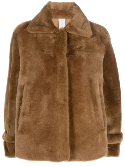 Furling By Giani Single-breasted Shearling Coat In Brown
