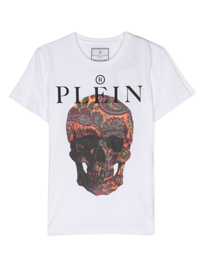 Philipp Plein Junior Kids' Skull-print Cotton T-shirt In Bianco
