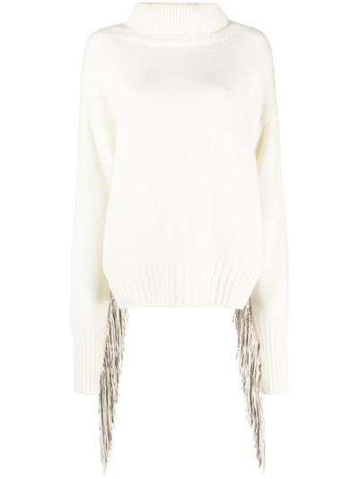 Wild Cashmere Fringed Roll Neck Jumper In White