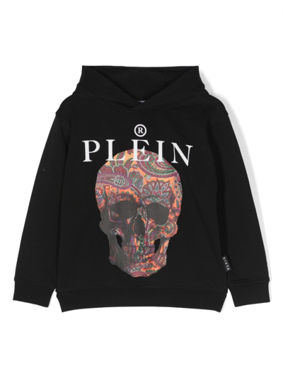 Philipp Plein Junior Kids' Paisley Skull-print Cotton Hoodie In Black