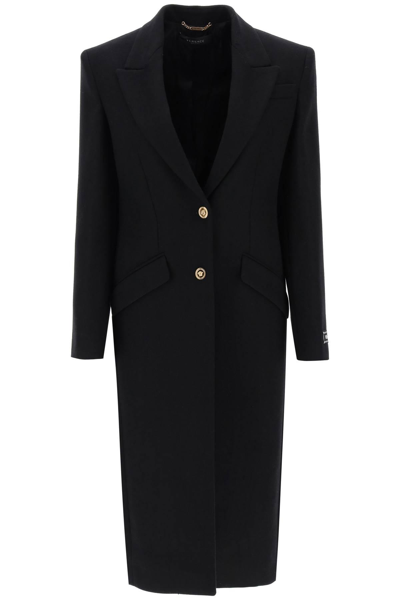 Versace Medusa-button Single-breasted Coat In Black