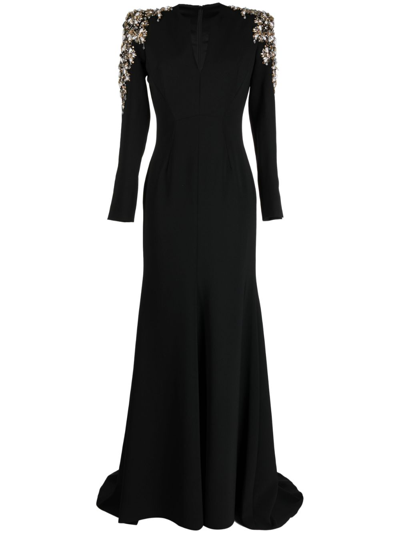 Jenny Packham Kay Crystal-embellished V-neck Gown In Black
