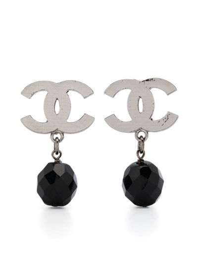 Pre-owned Chanel 2010 Cc Bead-embellished Clip-on Earrings In Silver