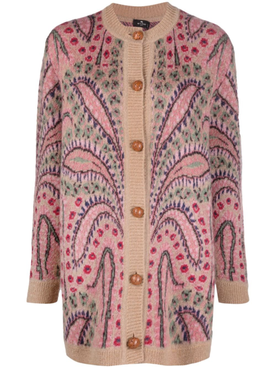 Etro Patterned-intarsia Mohair-blend Cardigan In Pink