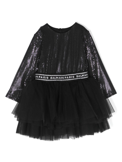 Balmain Babies' Sequin-embellished Logo-waistband Dress In Black