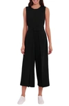 London Times Jewel Neck Belted Jumpsuit In Black