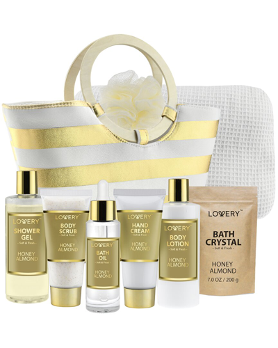 Lovery Honey Almond Home Spa Kit - Shower Package With Tote Bag & Bath Pillow In Gold