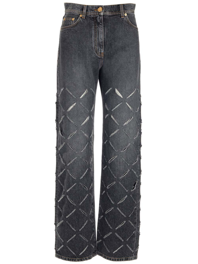 Versace Slashed Wide Leg Jeans In Grey