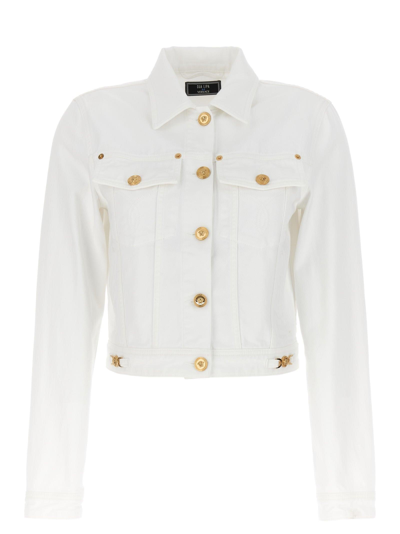 Versace Washed Denim Jacket With Medusa Hardware Details In White