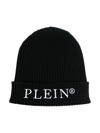 PHILIPP PLEIN JUNIOR LOGO-EMBROIDERED RIBBED-KNIT BEANIE