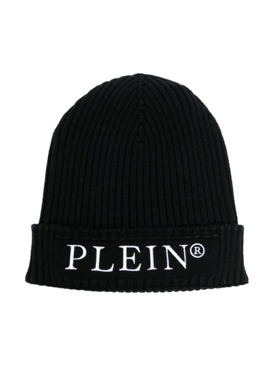 Philipp Plein Junior Logo-embroidered Ribbed-knit Beanie In 黑色