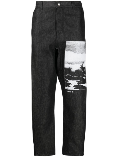 Oamc Graphic-print Organic-cotton Trousers In White/black