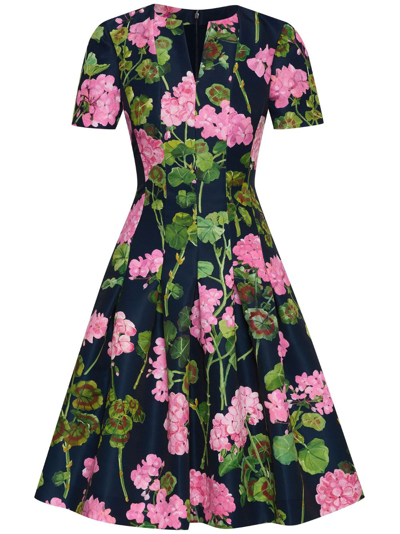Oscar De La Renta Geranium-print Faille Flared Short Dress In Pink Navy