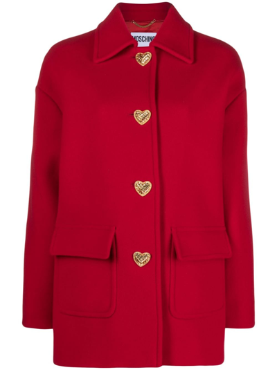 Moschino Heart-buttons Single-breasted Coat In Red