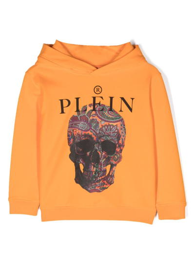 Philipp Plein Junior Kids' Paisley Skull-print Cotton Hoodie In Orange