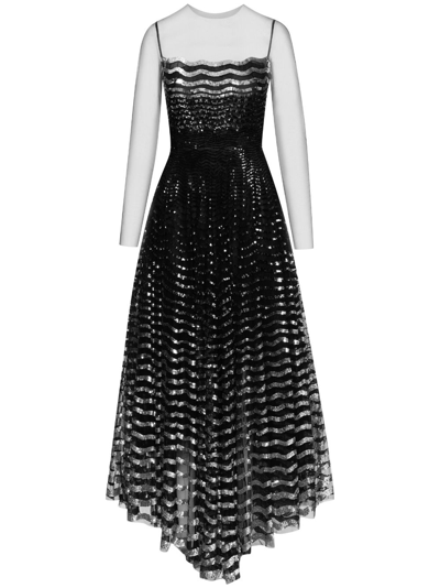 Oscar De La Renta Illusion Neck Sequin Wave Dress In Black/silver