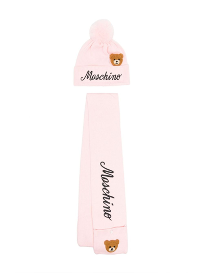 Moschino Kids' Teddy Bear-embroidered Beanie Set In Pink