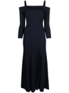 Ganni Long Knitted Off-the-shoulder Dress In Blue