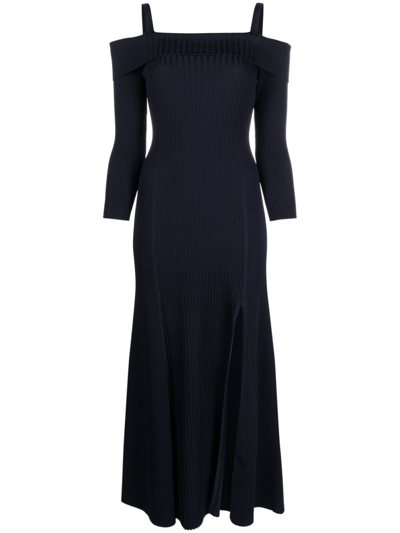 Ganni Knit Off-the-shoulder Maxi Dress In Navy