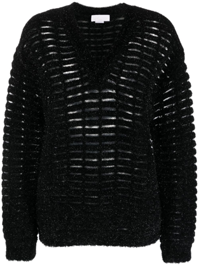 Genny V-neck Open-knit Jumper In Black