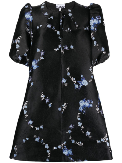 Ganni Short Sleeve Black A-line 3d Jacquard Mini Dress