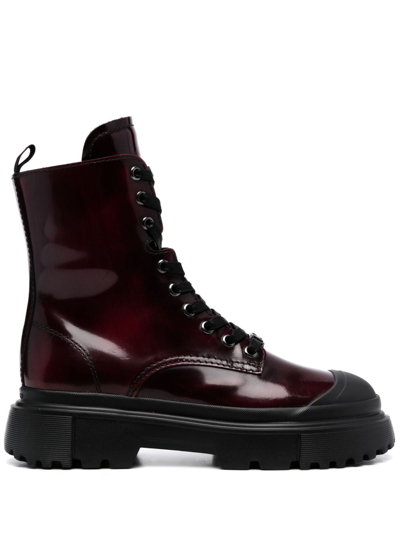 Hogan H619 Leather Combat Boots In Bordeaux