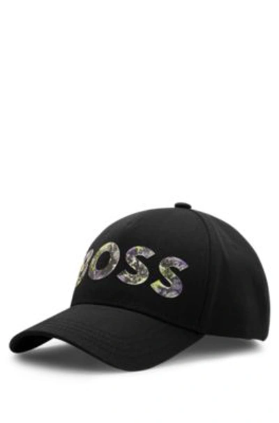 Hugo Boss Cotton-twill Cap With Seasonal-print Logo In Black
