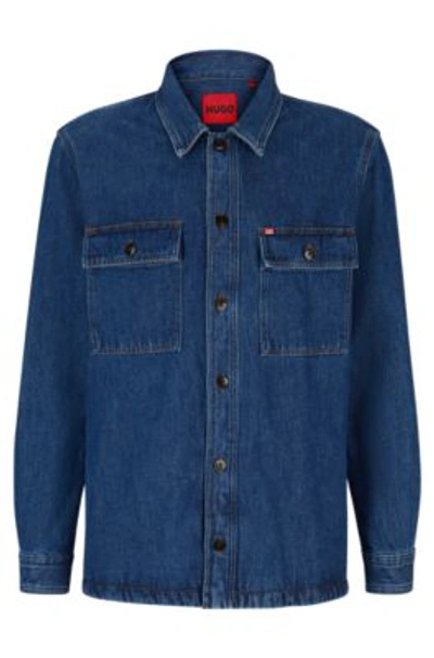 Hugo Boss Oversized-fit Overshirt In Cotton Denim And Logo Detail In Dark Blue