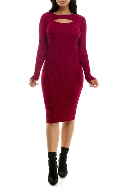 Nina Leonard Ribbed Cutout Long Sleeve Sweater Dress In Sangria