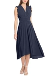 Maggy London V-neck Ruffled A-line Midi Dress In Navy Blazer