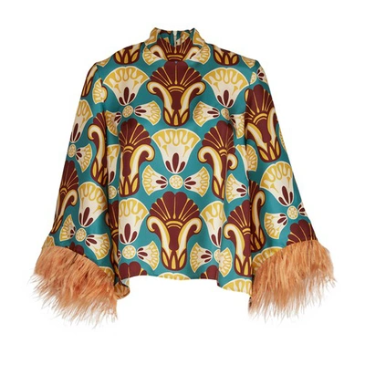 La Doublej Make An Exit Printed Top With Feathered Cuffs In Dendera_light_blue