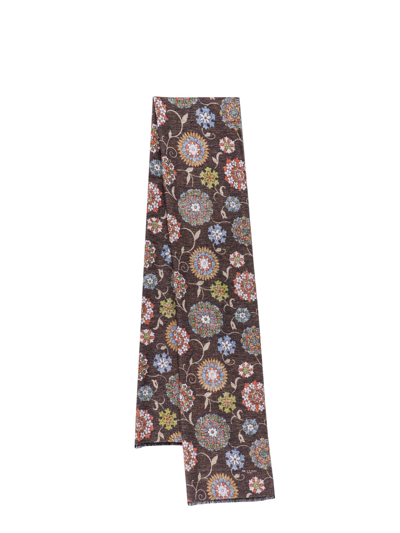 Kiton Brown Silk Scarf With Floral Print In Multicolour