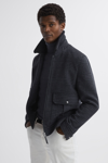 REISS ROBYN - NAVY WOOL BLEND CHECK JACKET, M