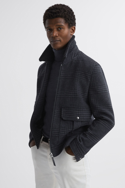 REISS ROBYN - NAVY WOOL BLEND CHECK JACKET, M