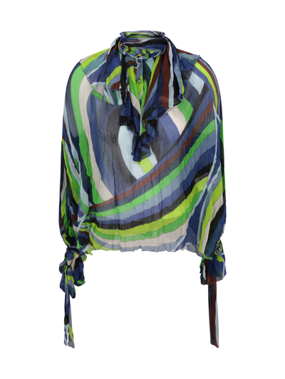 Pucci Iride Printed Silk Chiffon Shirt In Verde/avio