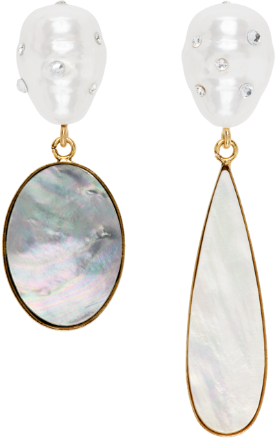 Erdem Gold Asymmetric Pearl Earrings In White