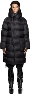 Rick Owens Quilted Black Down Coat With Design In Black