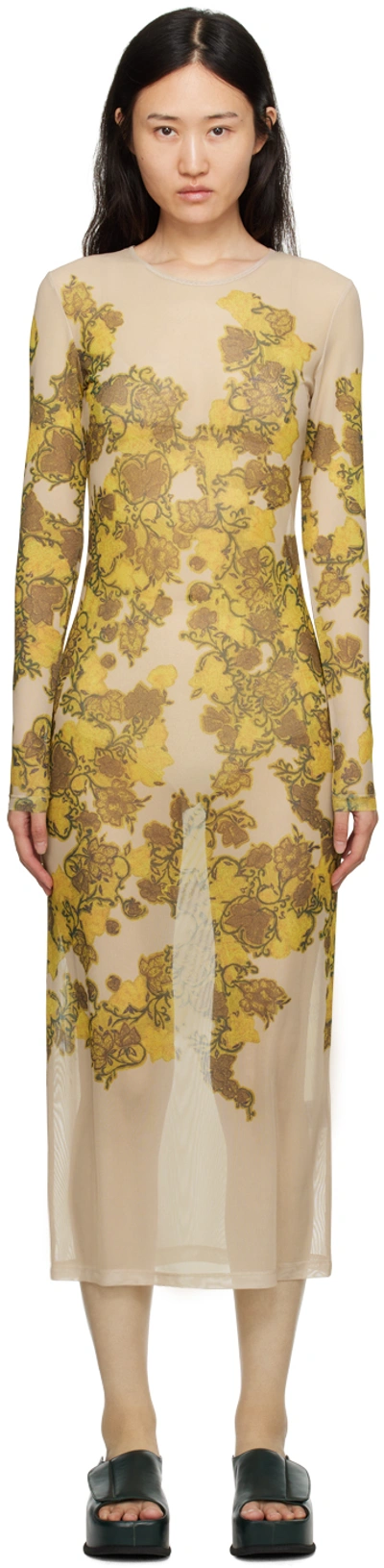 Dries Van Noten Beige & Yellow Floral Midi Dress In 100 Cream