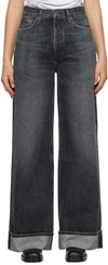 Agolde Dame Cuffed Organic Cotton Wide Leg Jeans In Ditch (marble Black)