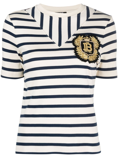 Balmain Logo-patch Ribbed-knit Striped T-shirt In Neutrals