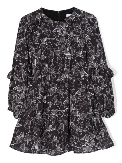 Msgm Kids' Star-print Ruffled-detail Dress In Black