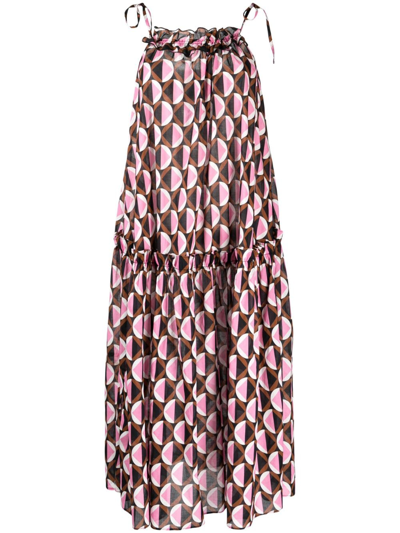 Cynthia Rowley Geometric-print Ruffled Dress In Brown