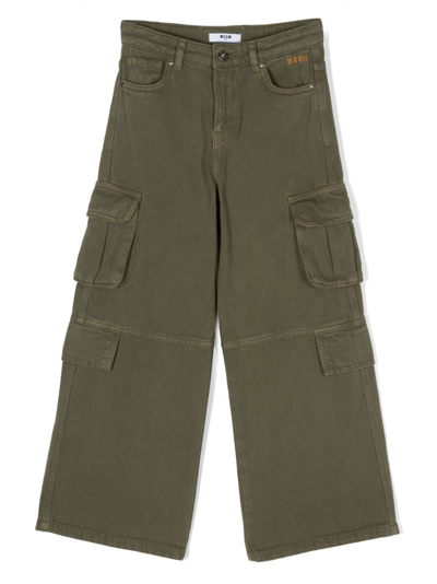 Msgm Kids' Logo-embroidered Stretch-cotton Cargo Pants In Green