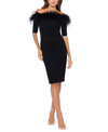 Xscape Feather Trim Off The Shoulder Cocktail Dress In Black