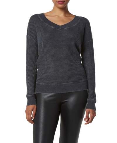 Marc New York Andrew Marc Sport Women's V-neck Light Weight Waffle Pullover Top In Black