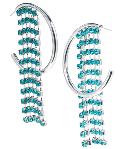 Inc International Concepts Silver-tone Color Crystal Fringe C-hoop Earrings, Created For Macy's In Blue