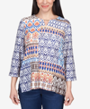 ALFRED DUNNER PETITE AUTUMN WEEKEND PRINTED PATCHWORK SPLIT NECK TOP