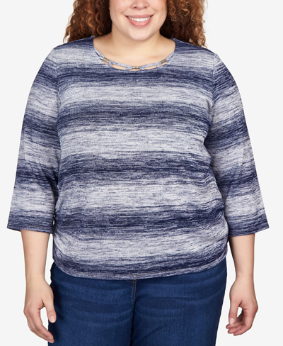 Alfred Dunner Plus Size Autumn Weekend Space Dye Biadere Ruched Side Top In Navy
