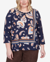 ALFRED DUNNER PLUS SIZE AUTUMN WEEKEND PAISLEY BORDER BRAID NECK TOP